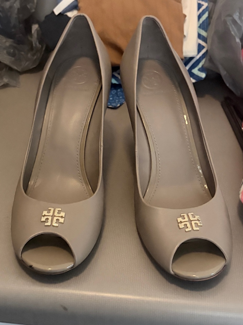 Tory Burch Taupe Open-Toe Logo Pumps